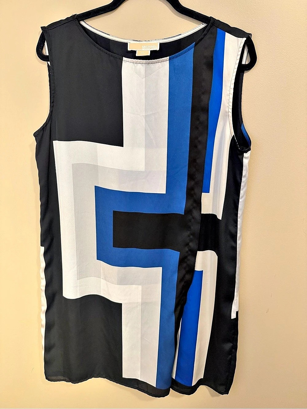 MICHAEL KORS Women's Geometric Print Sleeveless Shift Dress Blue Black LARGE L